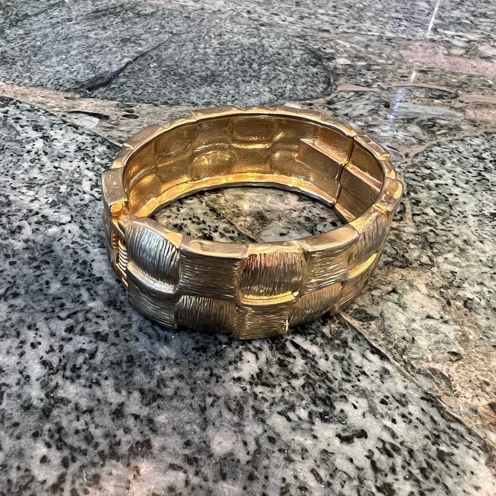 Gold Tone Basketweave Hinged Textured Cuff Bracelet